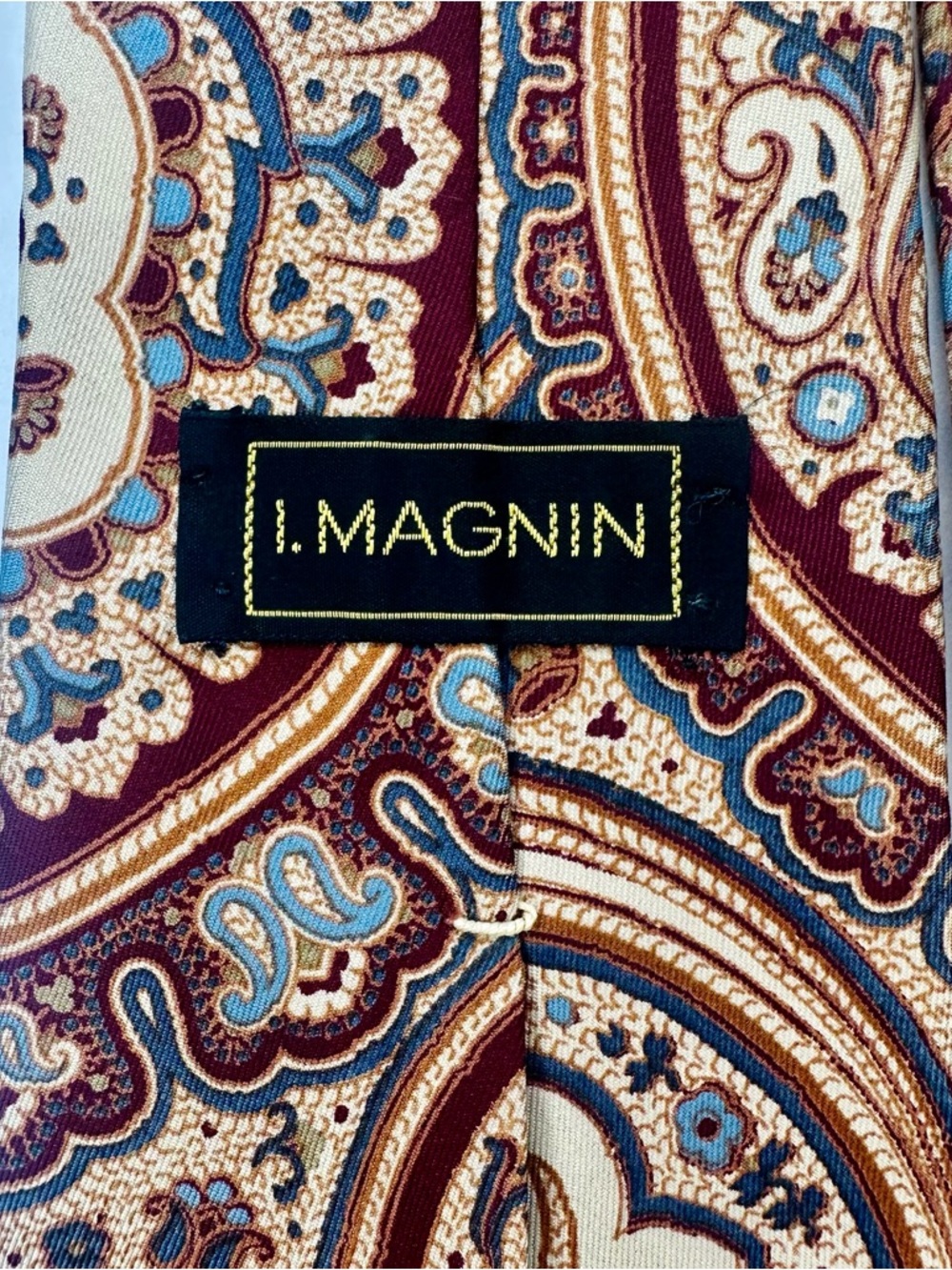 Vintage I. MAGNIN Paisley Classic Luxury Silk Tie in Cream, Blue & Brown, 3.75” - Picture 6 of 6